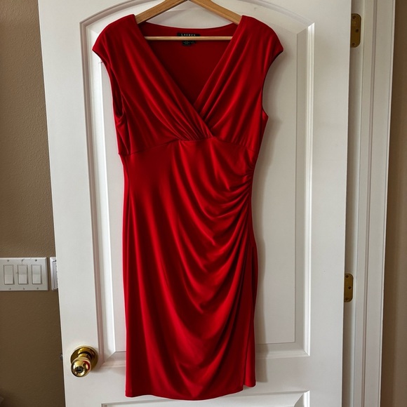Lauren Ralph Lauren Barolo Red Ruched Empire-Waist Cap-Sleeve‎ Dress size 10 - Picture 2 of 12